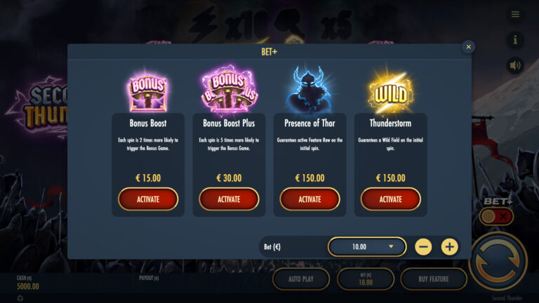 Screenshot of the ante bet menu in the video slot Second Thunder.