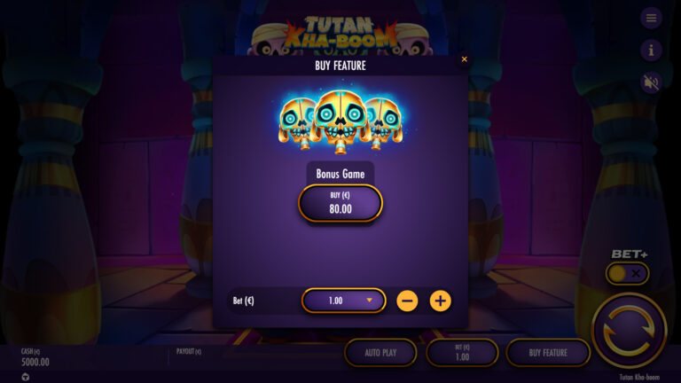 Screenshot of the feature buy view in the video slot Tutan Kha-boom.