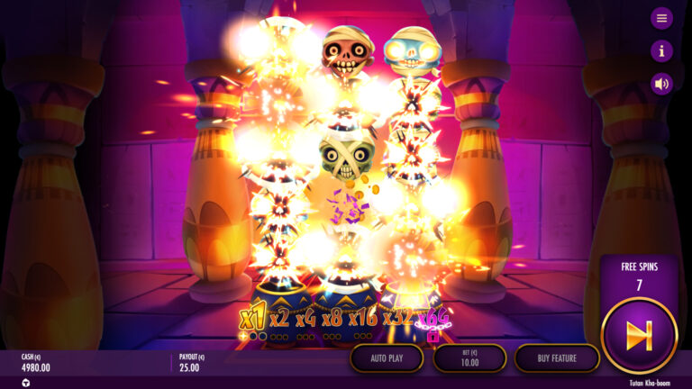 Screenshot showing a wild explode during the bonus game in the video slot Tutan Kha-boom.