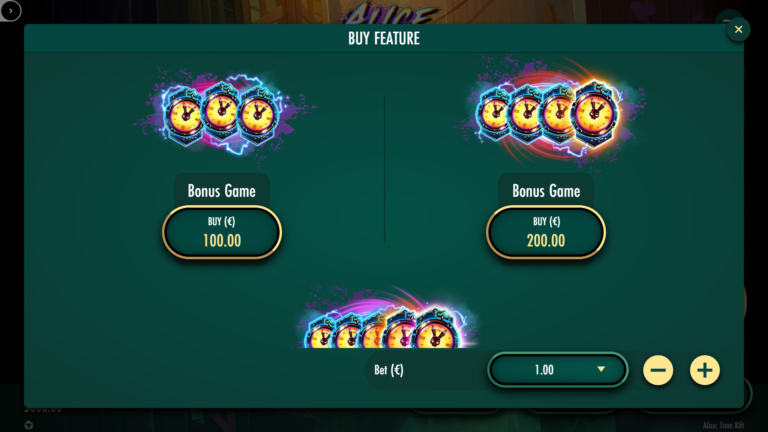 Screenshot of the feture buy in the video slot Alice: Time Rift.