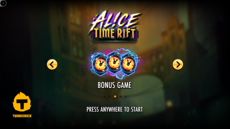 Screenshot of the splash screen in the video slot Alice: Time Rift.