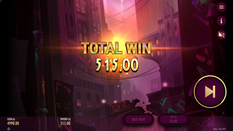 Screenshot of a total win in the video slot Alice: Time Rift.