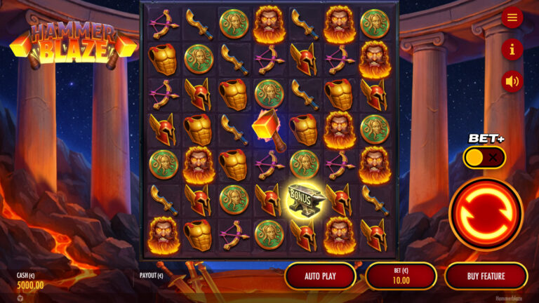 Screenshot of the base game in the video slot Hammerblaze.