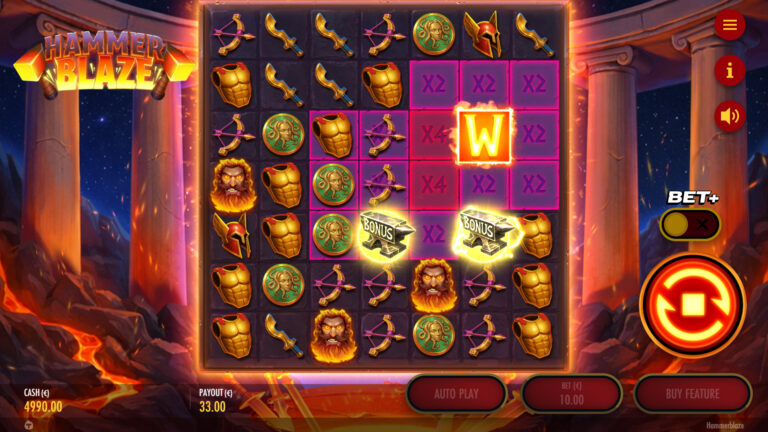 Screenshot of a near win in the video slot Hammerblaze.