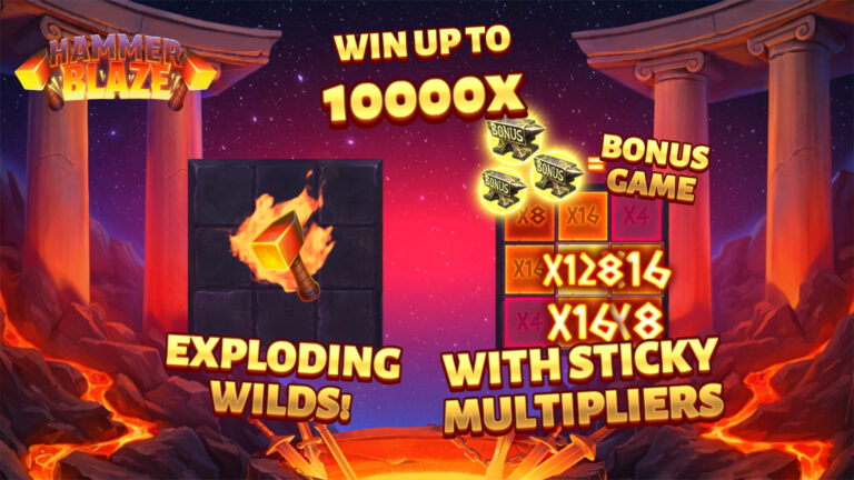 Screenshot of the splash screen in the video slot Hammerblaze.
