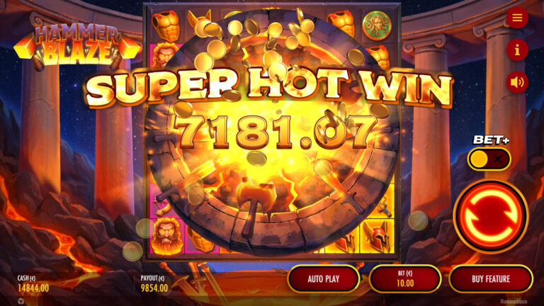 Screenshot of a super hot win in the video slot Hammerblaze.