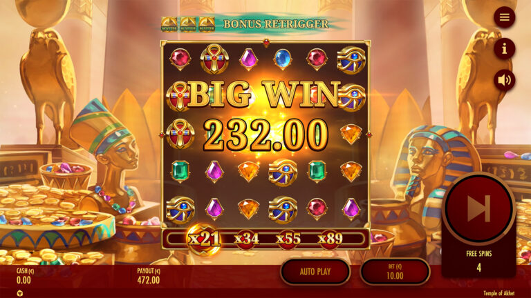 Screenshot of a Big Win in the video slot Temple of Akhet.