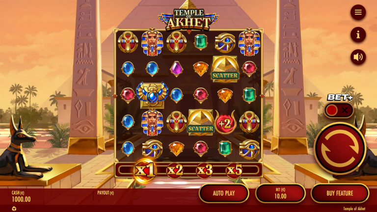 Screenshot of the Main game in the video slot Temple of Akhet.