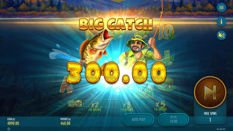 Screenshot showing a Big Win in the Bass Hunter video slot.