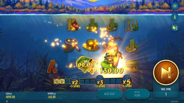 Screenshot showing the Fisherman during the bonus game in the Bass Hunter video slot.