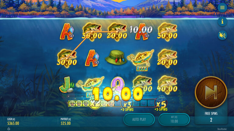 Screenshot showing a win in the bonus game of the Bass Hunter video slot.