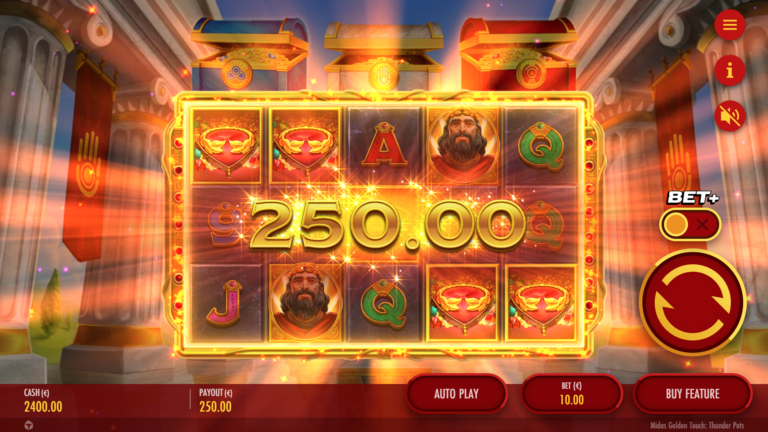 Screenshot showing a Big Win in the Midas Golden Touch: Thunder Pots video slot.