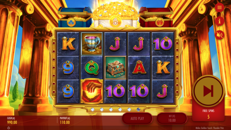 Screenshot of the Base Game in the Midas Golden Touch: Thunder Pots video slot.