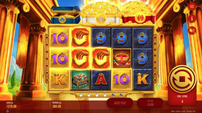 Screenshot showing the sticky feature and Wilds in the Midas Golden Touch: Thunder Pots video slot.