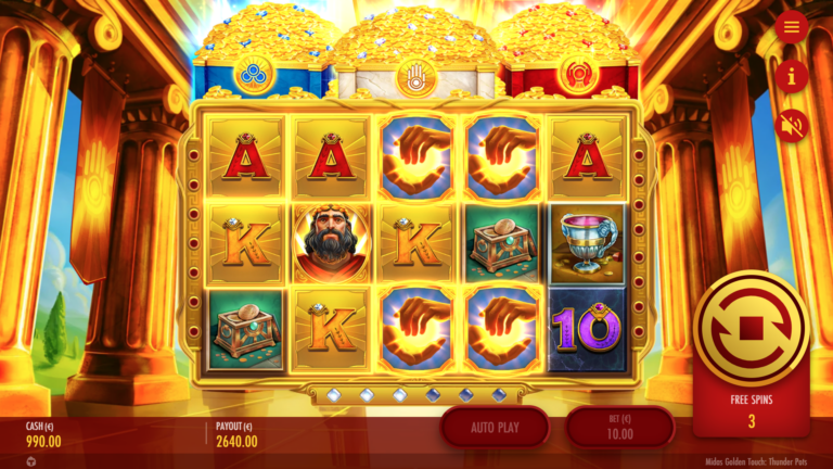 Screenshot showing all features in the Midas Golden Touch: Thunder Pots video slot.