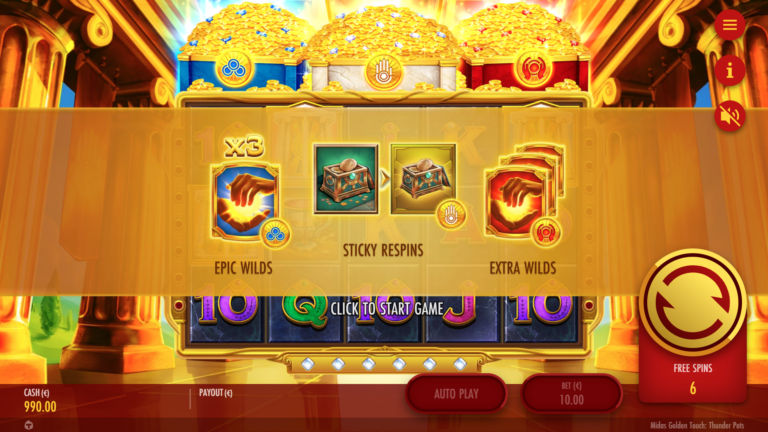 Screenshot showing info about the features in the Midas Golden Touch: Thunder Pots video slot.