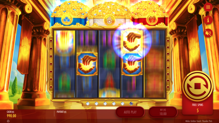 Screenshot showing the multiplier feature in the Midas Golden Touch: Thunder Pots video slot.