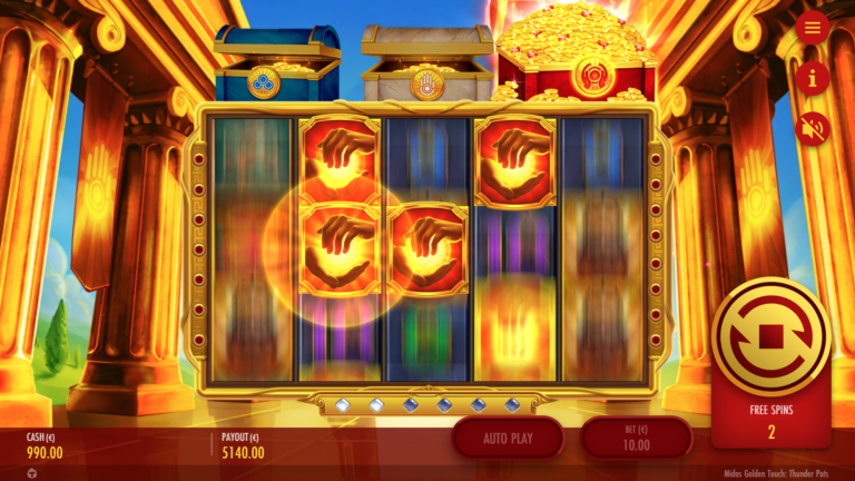 Screenshot showing Wilds in the Midas Golden Touch: Thunder Pots video slot.