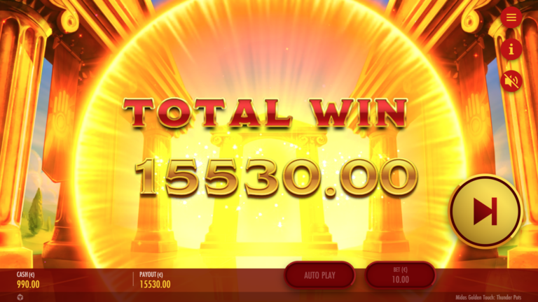 Screenshot showing a Total Win in the Midas Golden Touch: Thunder Pots video slot.