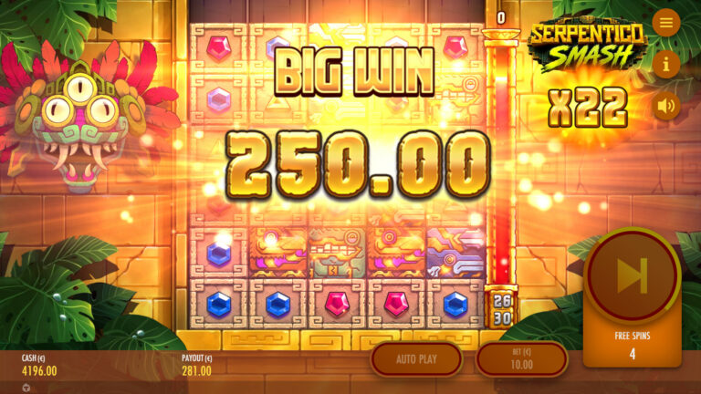 Screenshot showing a Big Win in the Serpentico Smash video slot.