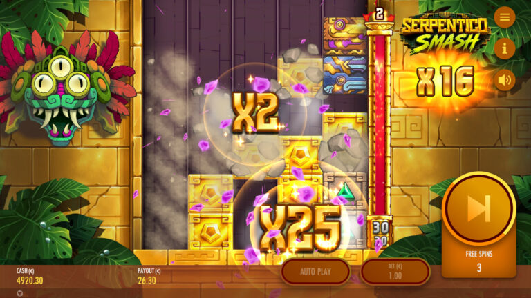 Screenshot showing crushing multipliers in the Serpentico Smash video slot.