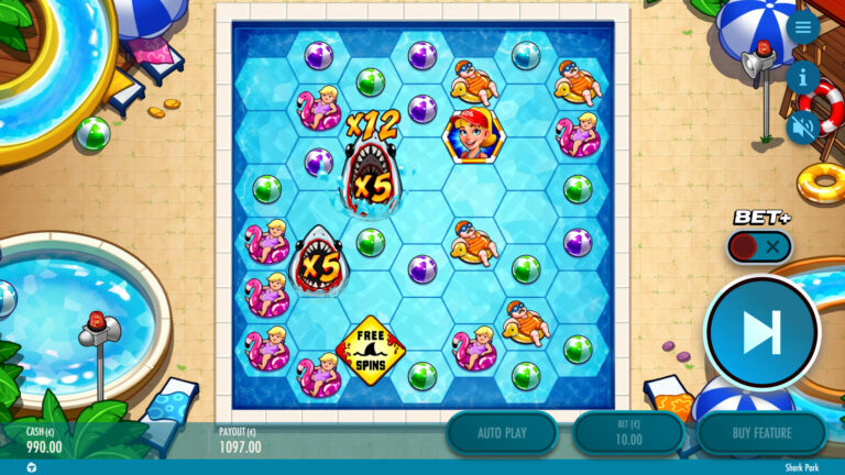 Screenshot of the eating shark in the Shark Park video slot.