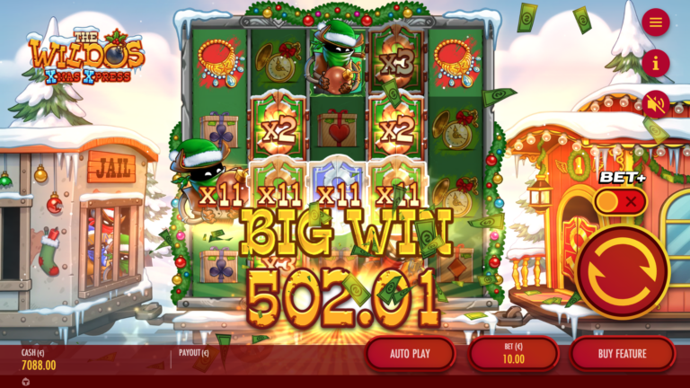 Screenshot of a Big Win in The Wildos: Xmas Xpress video slot.